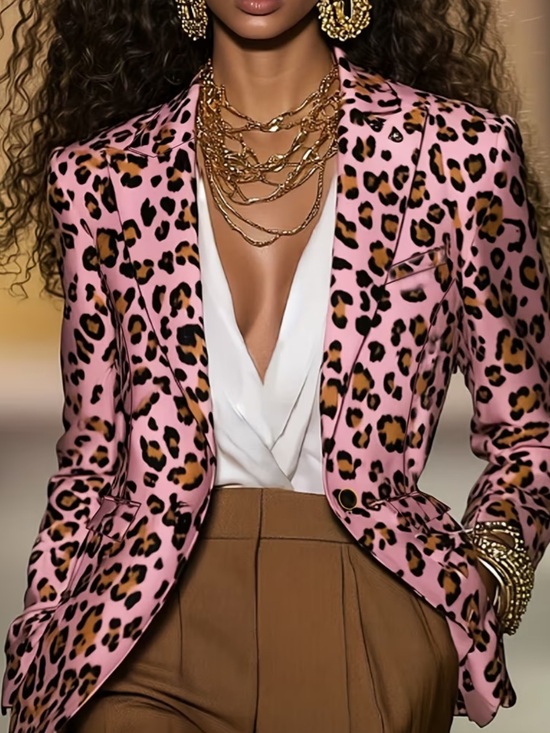 Jackets & Blazers - Fortune-Attracting Fashion Urban Elegance Vintage Satin Leopard Print Notched